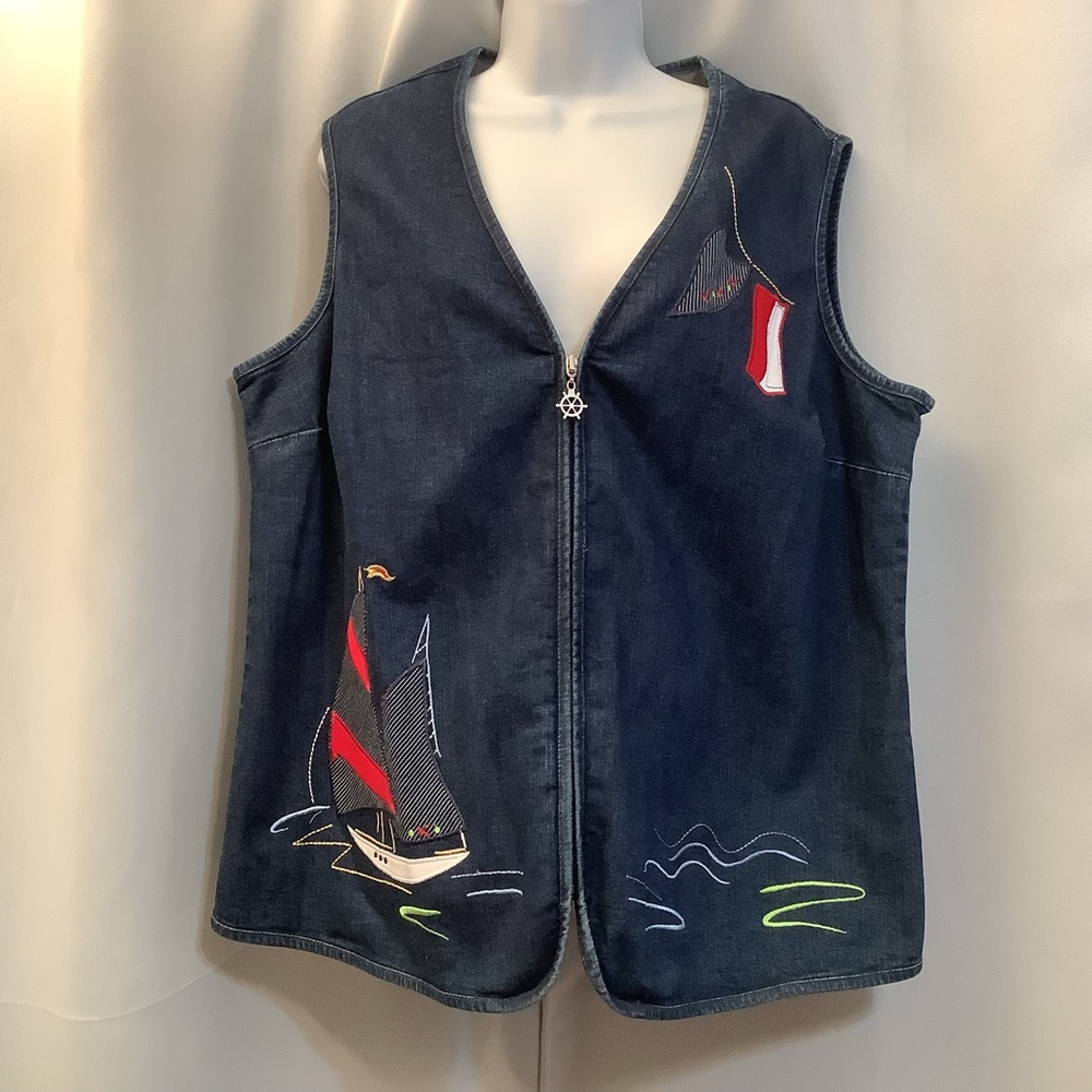 Alia Vest Women’s Size 16 Denim Embroidered Nautical Zipper Cotton Blue